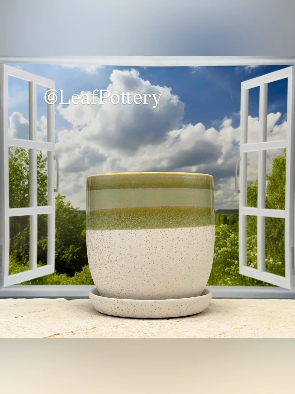Striped Ceramic Planter with Drainage and Attached Saucer | Handmade Pottery Pot